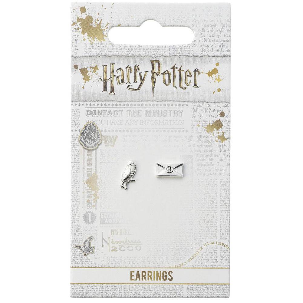 Harry Potter Silver Plated Hedwig Owl & Letter Stud Earrings - Gift Arch