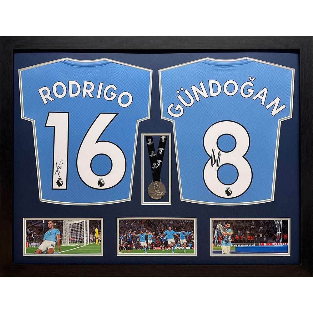 Manchester City FC Rodri & Gundogan Signed Shirts & Medal (Dual Framed) - Gift Arch