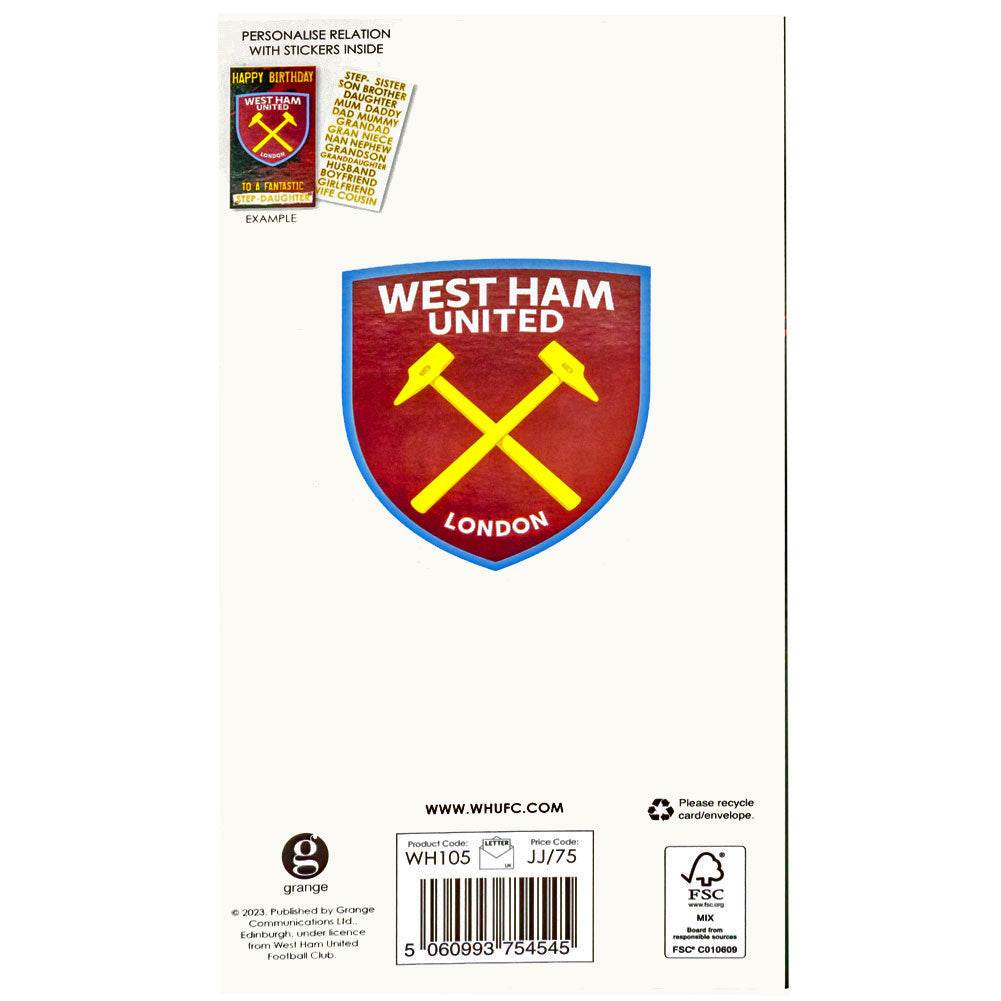 West Ham United FC Personalised Birthday Card - Gift Arch