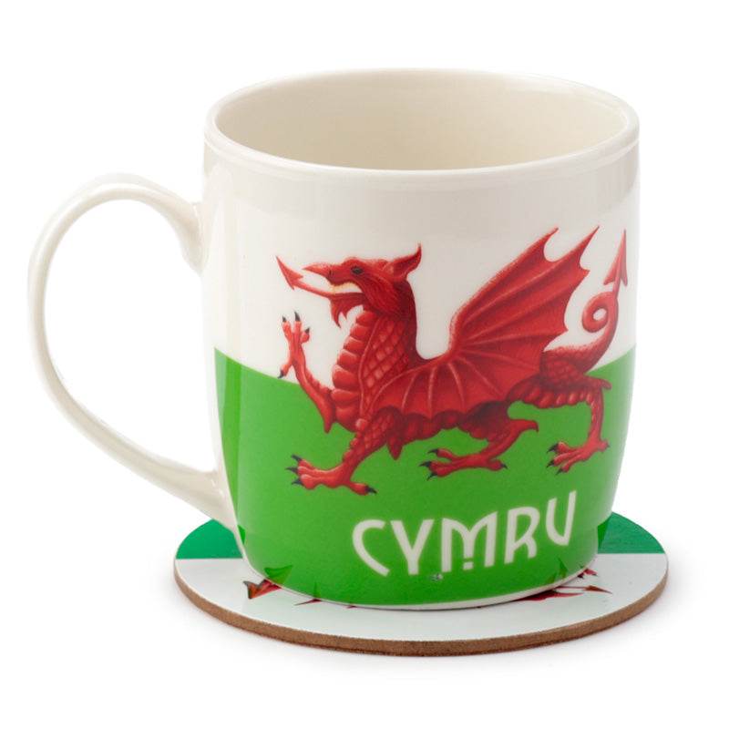 Welsh Dragon Wales (Cymru) Souvenir Porcelain Mug & Coaster Set - Gift Arch