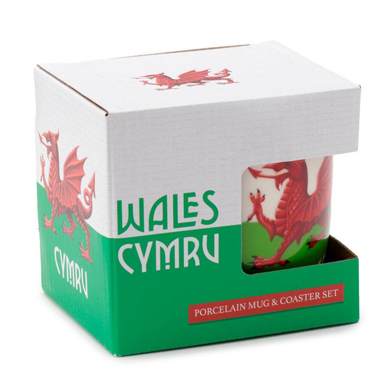 Welsh Dragon Wales (Cymru) Souvenir Porcelain Mug & Coaster Set - Gift Arch