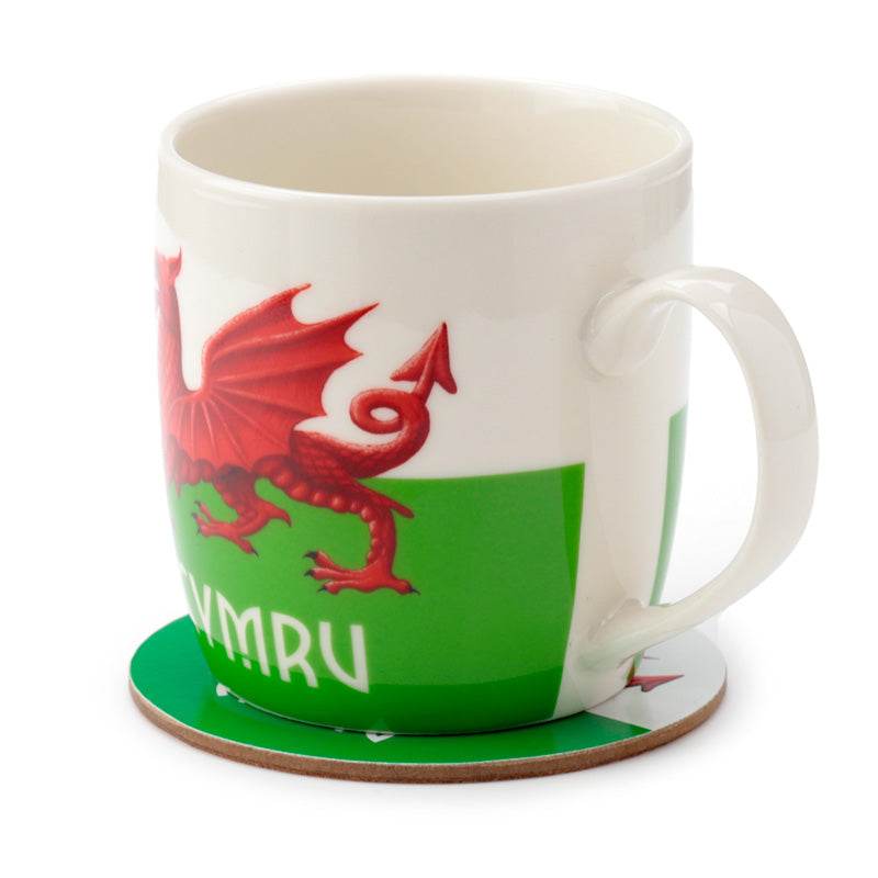 Welsh Dragon Wales (Cymru) Souvenir Porcelain Mug & Coaster Set - Gift Arch