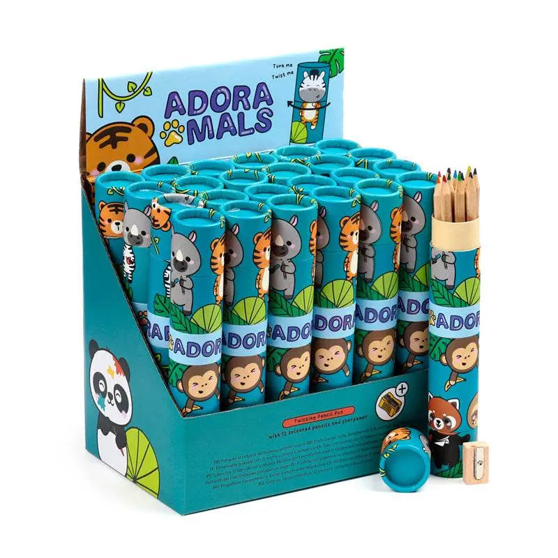 Adoramals Wild Large Twist Top Pencil Pot with 12 Colouring Pencils & Sharpener - Zoo Safari & Wildlife Parks