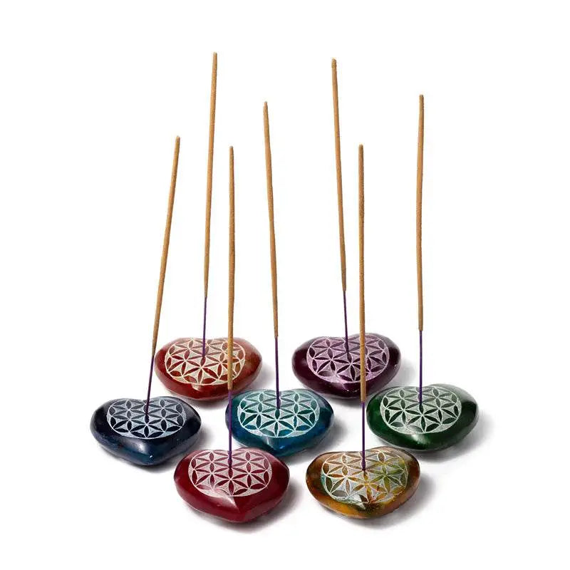 Carved Soapstone Chakra Heart Flower of Life Ashcatcher Incense Stick Burner - Incense Burners & Ash Catchers