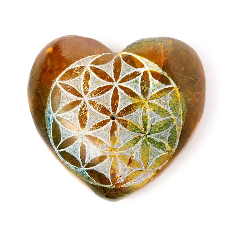 Carved Soapstone Chakra Heart Flower of Life Ashcatcher Incense Stick Burner - Incense Burners & Ash Catchers