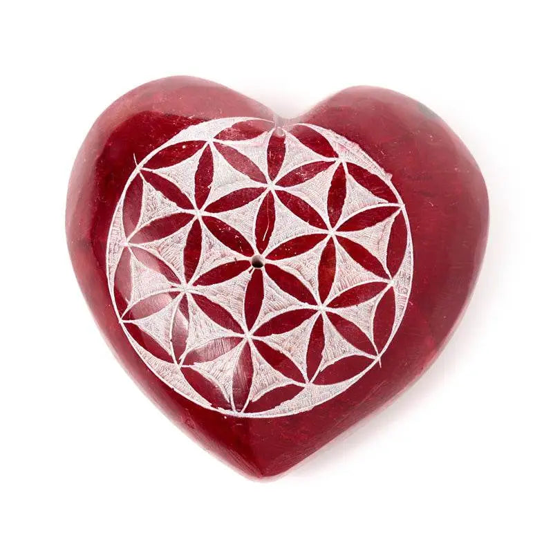 Carved Soapstone Chakra Heart Flower of Life Ashcatcher Incense Stick Burner - Incense Burners & Ash Catchers
