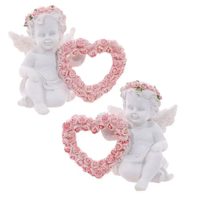 Cherub with Pink Rose Heart - Angels & Cherubs