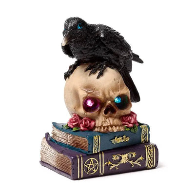 Crow Perched on LED Skull & Books - Gothic Fantasy Skulls & Skeletons