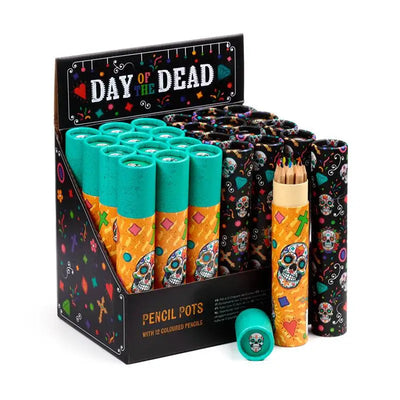 Day of the Dead Large Pencil Pot with 12 Colouring Pencils - Day of the Dead Skulls