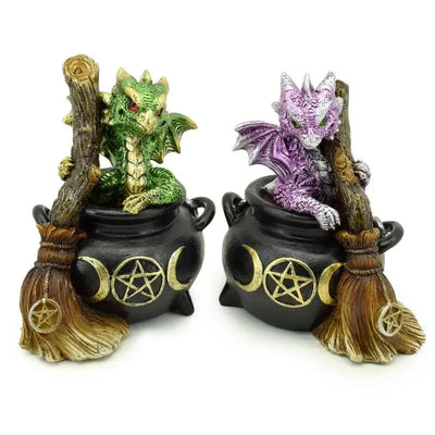 Elements Baby Dragon in Magical Witches Cauldron with Broomstick - Dragon Gifts