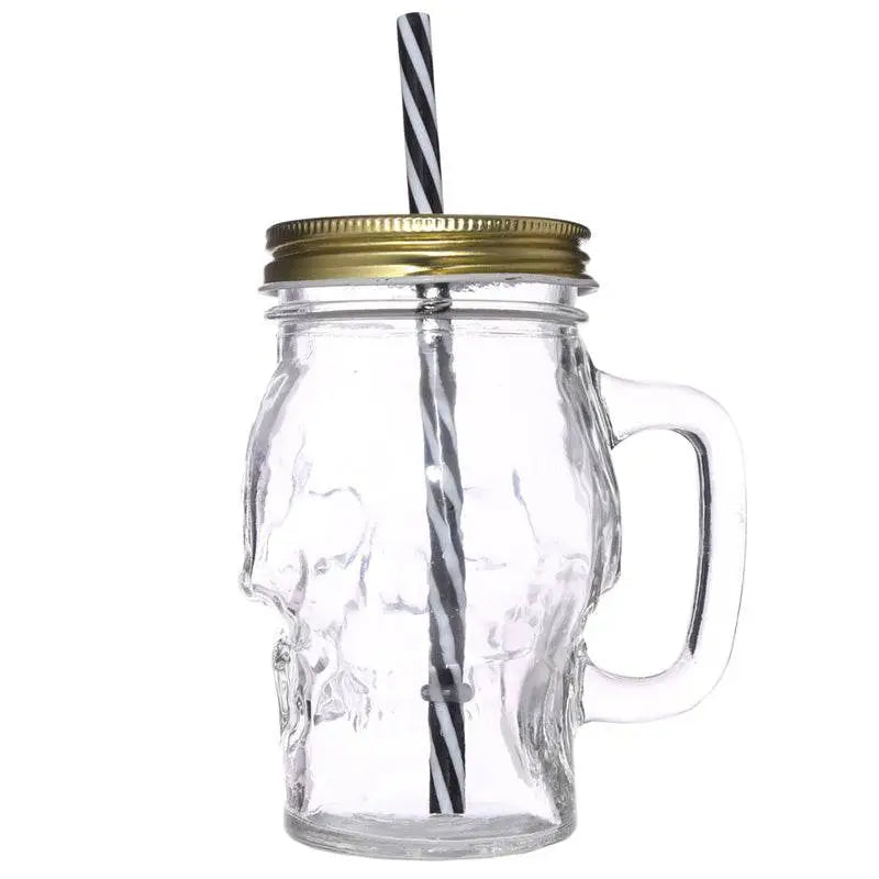 Glass Skull Drinking Jar with Metal Lid & Stripy Straw - Mason Drinking Jars Glasses & Tumblers