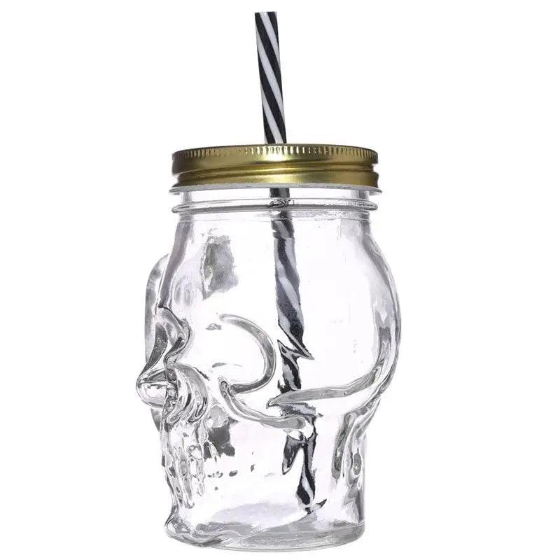Glass Skull Drinking Jar with Metal Lid & Stripy Straw - Mason Drinking Jars Glasses & Tumblers