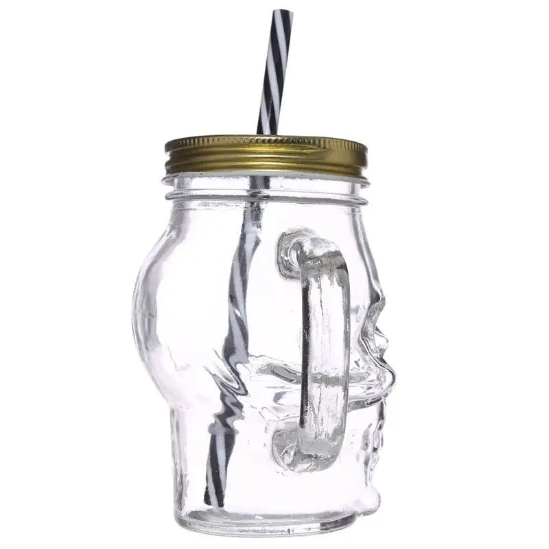 Glass Skull Drinking Jar with Metal Lid & Stripy Straw - Mason Drinking Jars Glasses & Tumblers