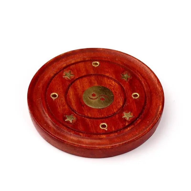 Mango Wood Round Ashcatcher Incence Burner with Yin Yang Inlay - Incense Burners & Ash Catchers