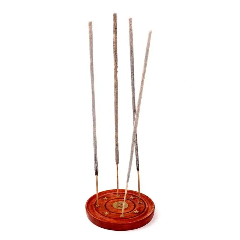 Mango Wood Round Ashcatcher Incence Burner with Yin Yang Inlay - Incense Burners & Ash Catchers