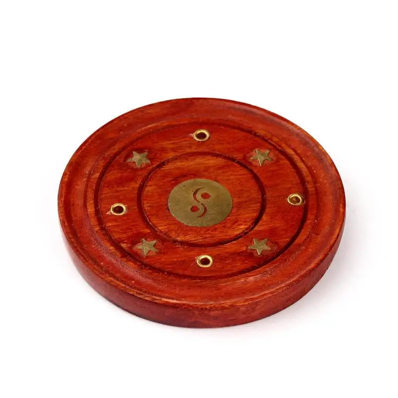 Mango Wood Round Ashcatcher Incence Burner with Yin Yang Inlay - Incense Burners & Ash Catchers