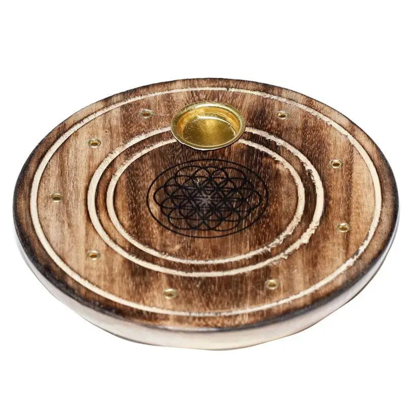 Mango Wood Round Flower of Life Ashcatcher Incense Burner - Incense Burners & Ash Catchers