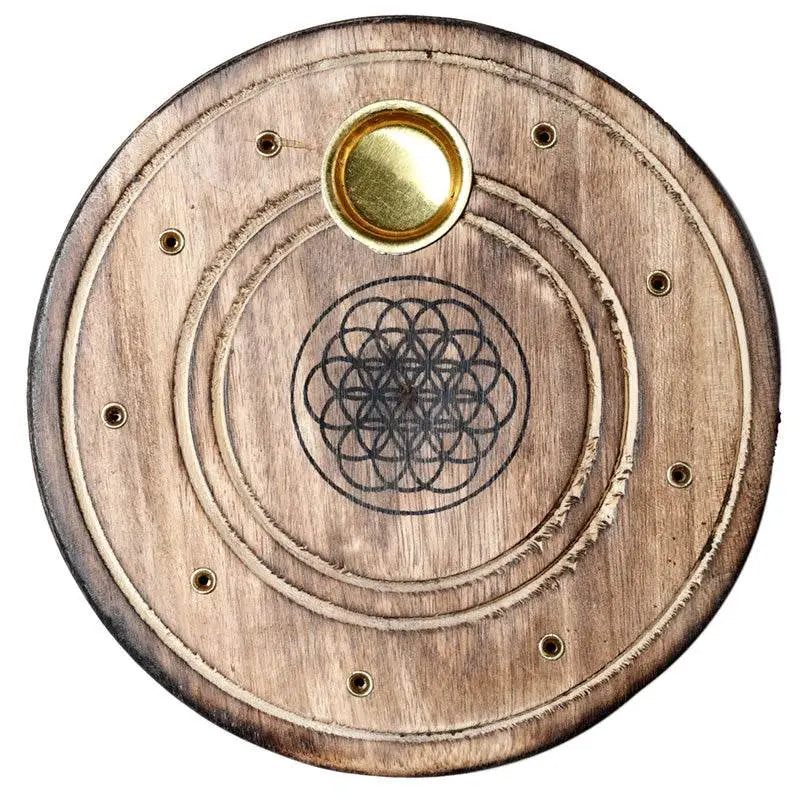 Mango Wood Round Flower of Life Ashcatcher Incense Burner - Incense Burners & Ash Catchers