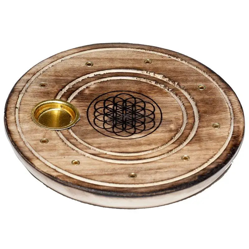 Mango Wood Round Flower of Life Ashcatcher Incense Burner - Incense Burners & Ash Catchers