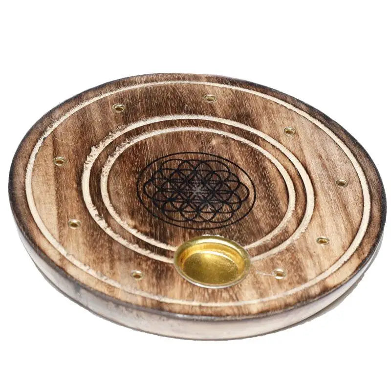 Mango Wood Round Flower of Life Ashcatcher Incense Burner - Incense Burners & Ash Catchers