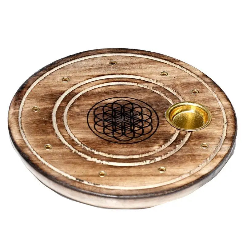 Mango Wood Round Flower of Life Ashcatcher Incense Burner - Incense Burners & Ash Catchers