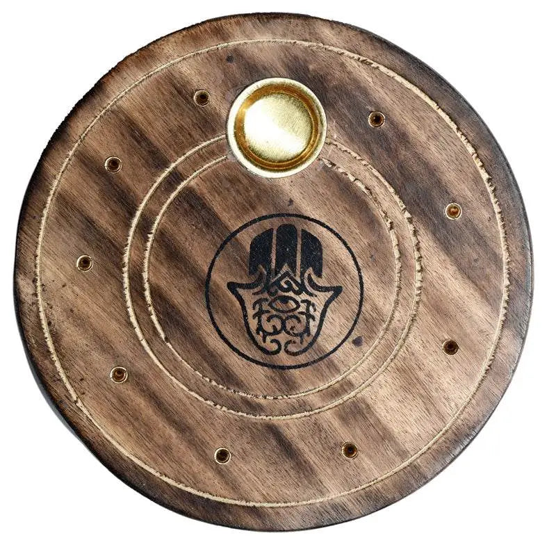 Mango Wood Round Hamsa Ashcatcher Incense Burner - Incense Burners & Ash Catchers