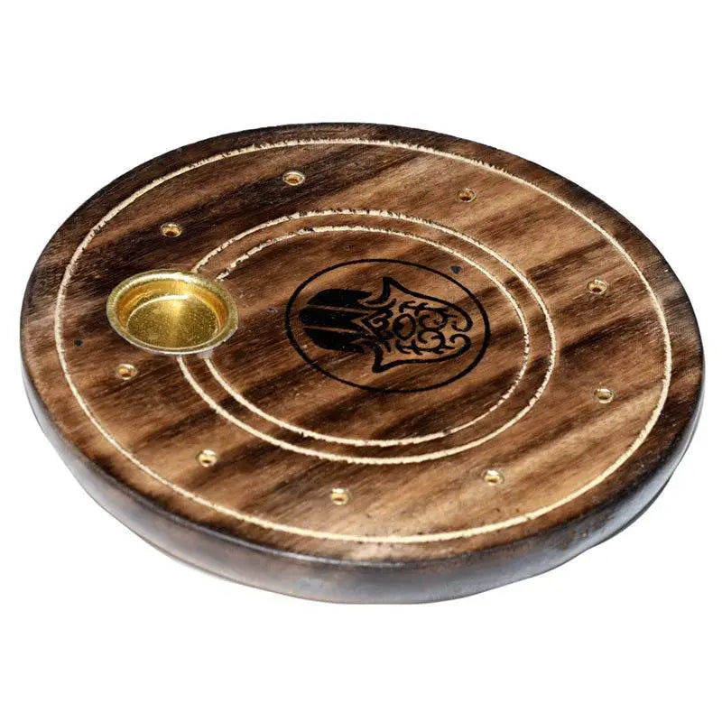 Mango Wood Round Hamsa Ashcatcher Incense Burner - Incense Burners & Ash Catchers