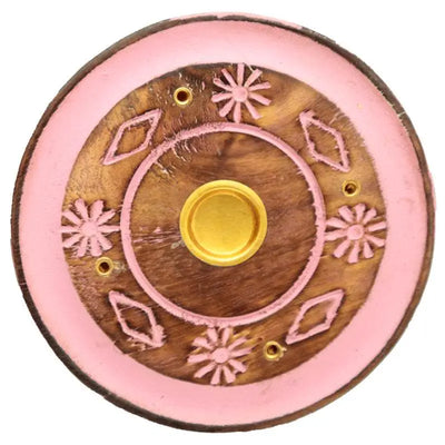Mango Wood Round Painted Pink Flower Ashcatcher Incense Burner - Incense Burners & Ash Catchers