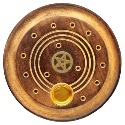 Mango Wood Round Pentagram Ashcatcher Incense Burner - Incense Burners & Ash Catchers