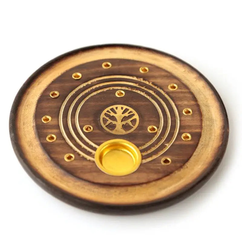 Mango Wood Round Tree of Life Ashcatcher Incense Burner - Incense Burners & Ash Catchers