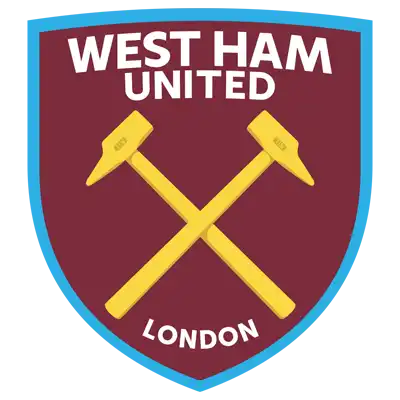 Maroon and blue shield with crossed yellow hammers, west ham united logo.