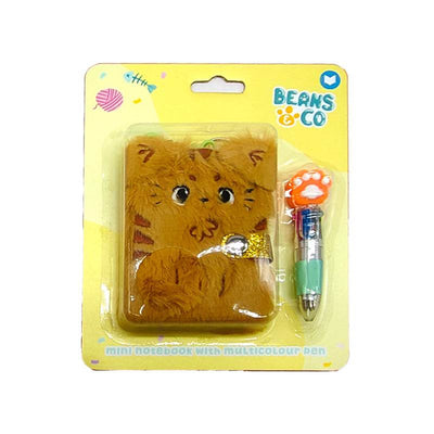 Beans & Co Cat Plush A7 Mini Notepad & Multi Colour Pen (4 Colours) - Gift Arch