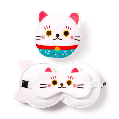Relaxeazzz Maneki Neko Lucky Cat Plush Travel Pillow & Eye Mask - Gift Arch