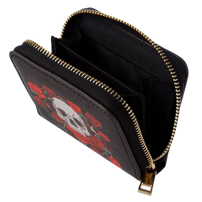 Skulls and Roses Zip Around Small Wallet Purse - Gift Arch