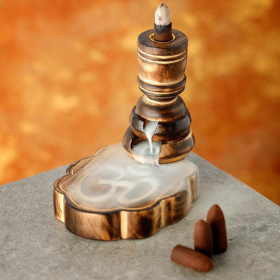 Carved Om Mango Wood Backflow Incense Burner - Gift Arch