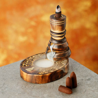 Flower Garden Carved Mango Wood Backflow Incense Burner - Gift Arch