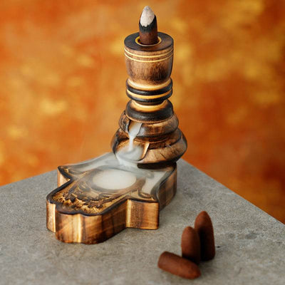 Hamsa Garden Carved Mango Wood Backflow Incense Burner - Gift Arch