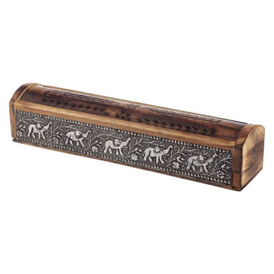 Mango Wood Ashcatcher Incense Burner Box with Elephant Inlay - Gift Arch