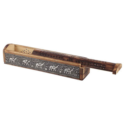 Mango Wood Ashcatcher Incense Burner Box with Elephant Inlay - Gift Arch
