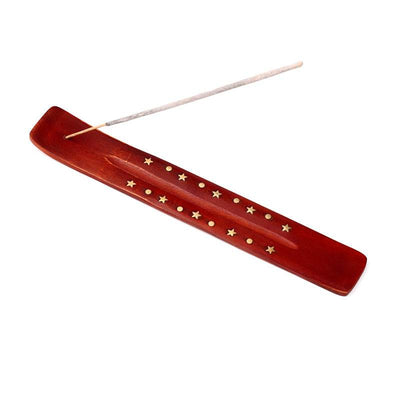 Mango Wood Ashcatcher Incense Stick Burner with Brass Stars Inlay - Gift Arch