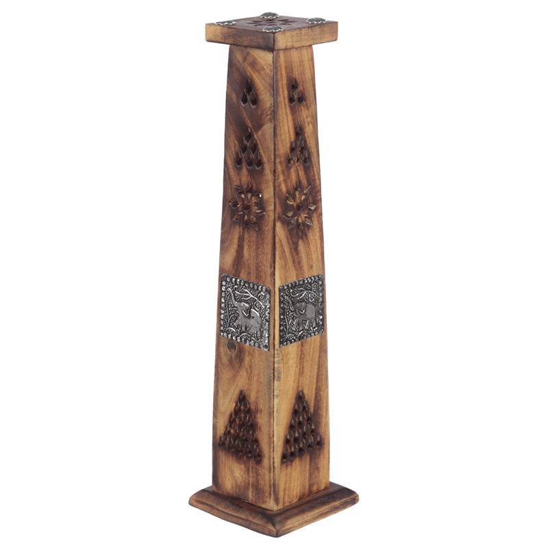 Mango Wood Ashcatcher Incense Tower Burner with Elephant Inlay - Gift Arch