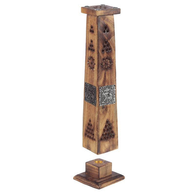 Mango Wood Ashcatcher Incense Tower Burner with Elephant Inlay - Gift Arch