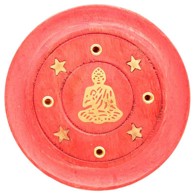 Mango Wood Buddha Round Red Ashcatcher Incense Burner - Gift Arch