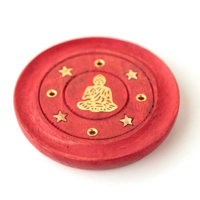 Mango Wood Buddha Round Red Ashcatcher Incense Burner - Gift Arch