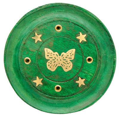 Mango Wood Butterfly Round Green Ashcatcher Incense Burner - Gift Arch