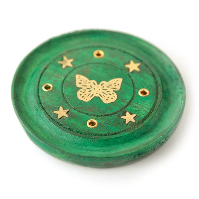 Mango Wood Butterfly Round Green Ashcatcher Incense Burner - Gift Arch