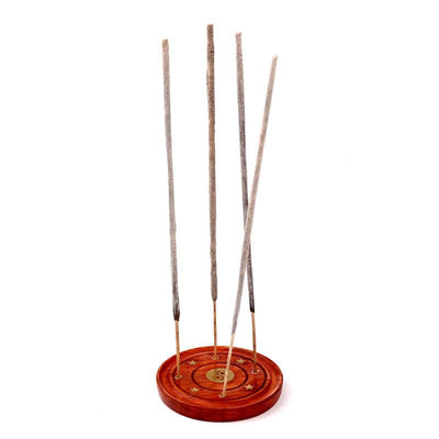 Mango Wood Round Ashcatcher Incence Burner with Yin Yang Inlay - Gift Arch