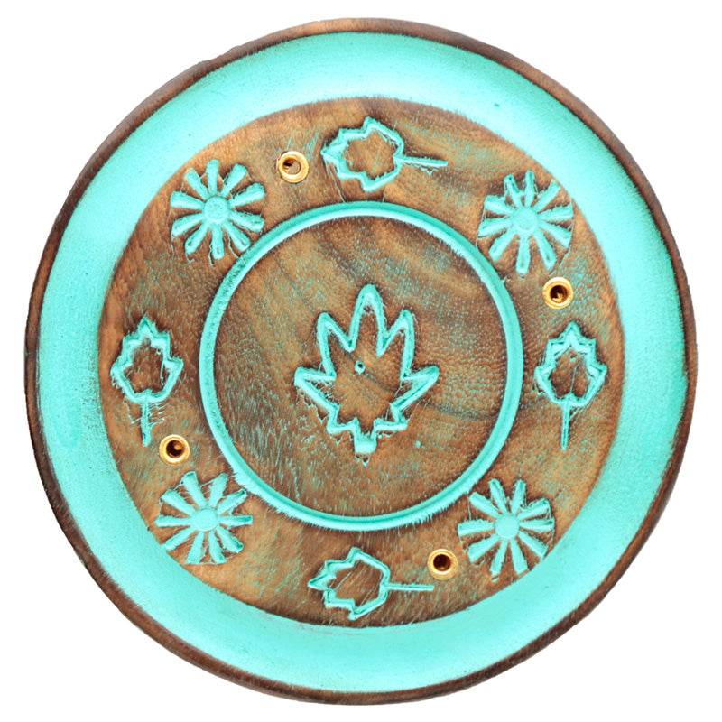 Mango Wood Round Painted Leaf Ashcatcher Incense Burner - Gift Arch