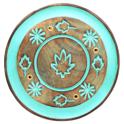 Mango Wood Round Painted Leaf Ashcatcher Incense Burner - Gift Arch