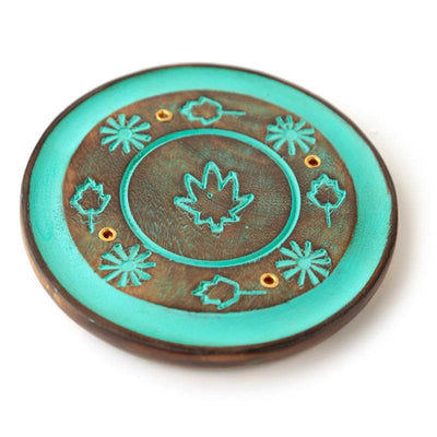 Mango Wood Round Painted Leaf Ashcatcher Incense Burner - Gift Arch